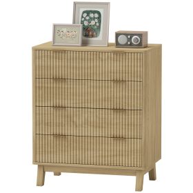 4 Drawer Double Dresser For Bedroom, Fluted Chest Of Drawers With Gold Finger Pulls And 4 Wood Legs, Natural Wood (Option: Natural)