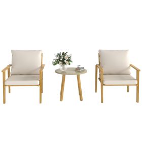 3 Piece Outdoor Bistro Set, Wood Effect Metal Patio Set With Wide And Deep Chairs, Round Table, Cushions, Cream White (Option: Cream White)