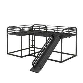 Full And Twin Size L-Shaped Bunk Bed With Slide And Short Ladder, Black (Color: Black)