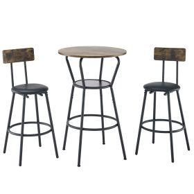 Round Bar Table And Stool Set With Shelf, Upholstered Stool With Backrest, Rustic Brown, 24.17 W X 2 (Option: Antique brown)