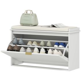 Shoe Storage Bench With Padded Seat Cushion And Flip-Drawer, Entryway Bench, Shoe Cabinet, 31.5x10.2x18.7 Inches, White (Color: White)