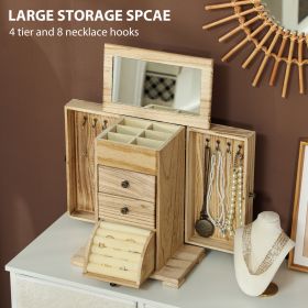 4-Tier Wooden Jewelry Box For Women, Jewelry Organizer With Mirror And 2 Drawers For Rings Earrings Necklaces, Brown (Color: Brown)
