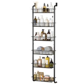1Pc 6 Tier Over Door Pantry Organizer Hanging Hooks Door Storage Rack Carbon Steel Basket 62.99in Over Door Shelf For Kitchen Bathroom (Color: Black)