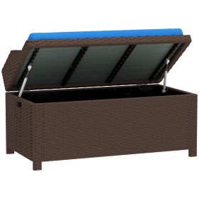 Outdoor Wicker Storage Bench With Storage & Cushion, Blue (Color: Blue)