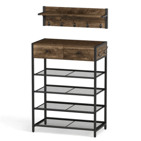 Multifunctional Entryway Storage - 5-Hook Coat Rack  2-Drawer Shoe Stand With 4 Mesh Shelves (Color: Brown)