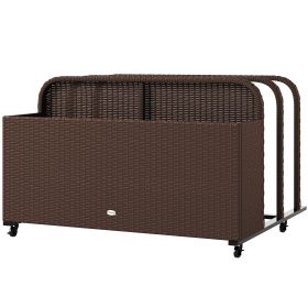 Rattan Pool Float Storage Organizer With Wheels, Brown (Color: Brown)