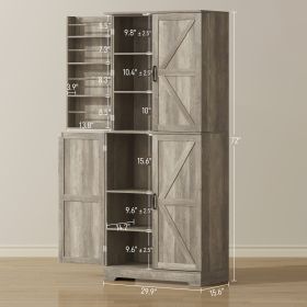 Farmhouse Kitchen Pantry, 72 Tall Pantry Cabinet With 4 Barn Doors, 4 Adjustable Shelves And 8 Door Shelves, Gray Wash (Option: Gray)