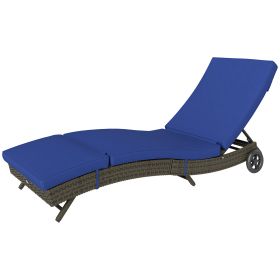 Patio Wicker Chaise Lounge Chair, Outdoor PE Rattan Sun Lounger With Adjustable Backrest And 2 Wheels, Dark Blue (Color: Dark Blue)