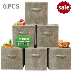 12 Inch Foldable Cube Storage Bins Set Of 6, Closet Organizers Bins And Storage Box For Toy Clothes-Brown (Color: Brown)