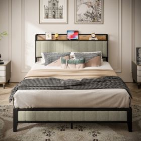 Full Size Bed Frame With Charging Station, Upholstered Headboard, Metal Platform, Grey (Option: Light Gray)