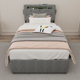 Twin Bed Frame With USB Charging Station  LED Lights, Twin Bed Frame With Headboard  4 Storage Drawers (Option: Light Gray)