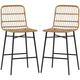 Rattan Counter Bar Stools Set Of 2, 26 Counter Height Barstools With Back, Bar Chairs For Kitchen Island, Brown (Color: Brown)