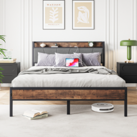Queen Size Bed Frame, Storage Headboard With Charging Station, Solid And Stable, No Box Spring Needed, Easy Assembly, Vintage Brown And Gray (Color: Black)