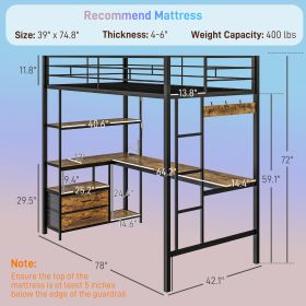 Twin Size Loft Bed With Desk, LED Lights, Charging Station, Twin Metal Loft Bed Frame With Storage, Black (Color: Black)