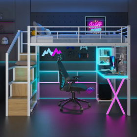 Full Size Metal Loft Bed With Built-in Work Station, Wardrobe, Storage Staircase And LED, White (Color: White)
