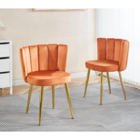 Modern ORANGE Dining Chair  Set Of 2   With Iron Tube Golden Color Legs, Velvet And Comfortable Backrest, Suitable For Dining Room, Living Room, (Color: Orange)