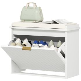 Shoe Storage Bench With Padded Seat Cushion And Flip-Drawer, Entryway Bench, Shoe Cabinet, 24.4x10.2x18.7 Inches, White (Color: White)