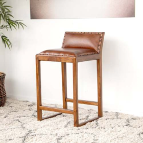 Gavin Mid-Century Modern 25'' Solid Wood Genuine Leather Counter Stool In Tan 31-Inch (Color: Brown)