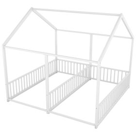 Metal Twin Size House Platform Beds, Two Shared Beds, White (Option: Antique White)