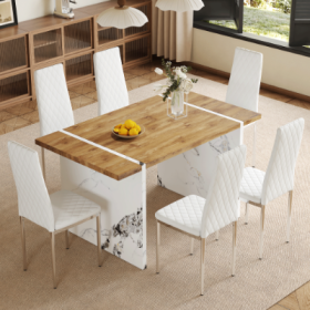 Table And Chair Set.Natural Wood Grain MDF Dining Table  55x31.5 Inch.Paired With 6 Modern Style Dining Chairs In Light Gray, Essential For Minim (Option: WhiteSilver)