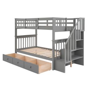 Stairway Twin-Over-Twin Bunk Bed With 3 Drawers - Gray (Option: Gray)