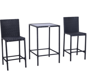 Wicker Bar Set, 3-Piece Outdoor Counter Height With Glass Top Table & Stools, All-Weather - Black (Color: Black)