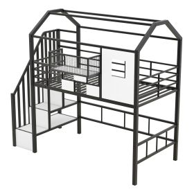Metal Loft Bed With Roof Design And A Storage Box, Twin, Black (Color: Black)