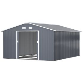 12.6' X 11' Metal Storage Shed, Garden Tool House With Double Sliding Doors, 4 Air Vents For Backyard, Patio & Lawn, Dark Gray (Color: Grey)