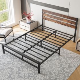 Queen Size Platform Bed Frame With Rustic Vintage Wood Headboard, Strong Metal Slats Support Mattress Foundation, No Box Spring Needed Rustic Bro (Color: Black)