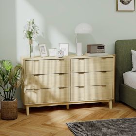 6 Drawer Double Dresser For Bedroom, Fluted Chest Of Drawers With Gold Finger Pulls And 5 Wood Legs, Natural Wood (Option: Natural Wood)