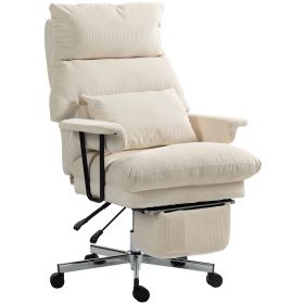 Executive Office Chair With Lumbar Support, Footrest, High Back Reclining Overstuffed Desk Chair With, Cream White (Color: White)