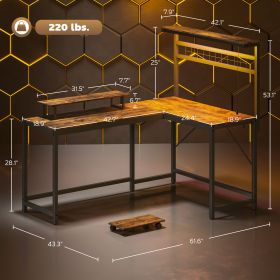 61.6 L Shaped Gaming Desk With Power Outlets & LED Lights, Computer Desk With Monitor Stand And CPU Shelf, Rustic Brown (Color: Brown)