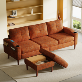 Convertible Combination Sofa Sofa L Shaped Sofa With Footstools With Storage,Orange Sofa For Living Room, Living Room Bedroom Office Small Space (Color: Orange)