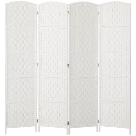 Room Divider, 4 Panel Folding Privacy Screen, 6FT Tall Portable Weave Partition Wall Divider For Bedroom, White (Color: White)
