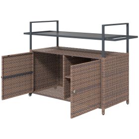 2-Tier Shelf PE Rattan Outdoor Bar Table, Glass Top Outdoor Serving Cart With Cabinet, Mixed Brown (Option: Mixed Brown)