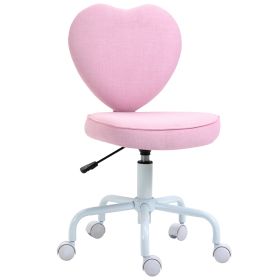 Love Shape Swivel Leisure Chair On Wheels Upholstery Home Office Computer Chair Linen Fabric Vanity Seat For Girls Women (Color: Pink)