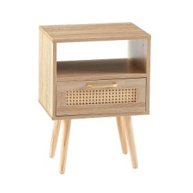 15.75  Rattan End Table With Drawer, Solid Wood Legs, Modern Nightstand (Option: Natural)