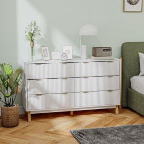 6 Drawer Double Dresser For Bedroom, Fluted Chest Of Drawers With Gold Finger Pulls And 5 Wood Legs, White (Color: White)
