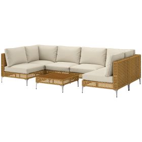 7 Piece Wicker Patio Furniture Set, Modular Outdoor Sectional With Thickened Cushions, Acacia Wood Table, Khaki Beige (Color: Beige)