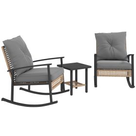 3 Pieces Bistro Set, Patio Wicker Furniture Set With Button Tufted Cushions, Rattan Rocking Chairs, Coffee Table, Gray (Option: Gray)