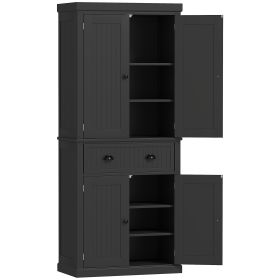 72 Kitchen Pantry Storage Cabinet, Cupboard With 4 Doors And 3 Adjustable Shelves, Large Central Drawer, Black (Color: Black)