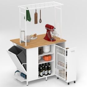 Kitchen Island With Storage Space Breakfast Bar With Folding Flip-Up Pane Large Storage (Color: White)
