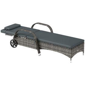 Outdoor Chaise Lounge, 5-Level Adjustable Backrest Rattan Pool Lounge Chair With Wheels, Cushion & Headrest, Black (Color: Black)